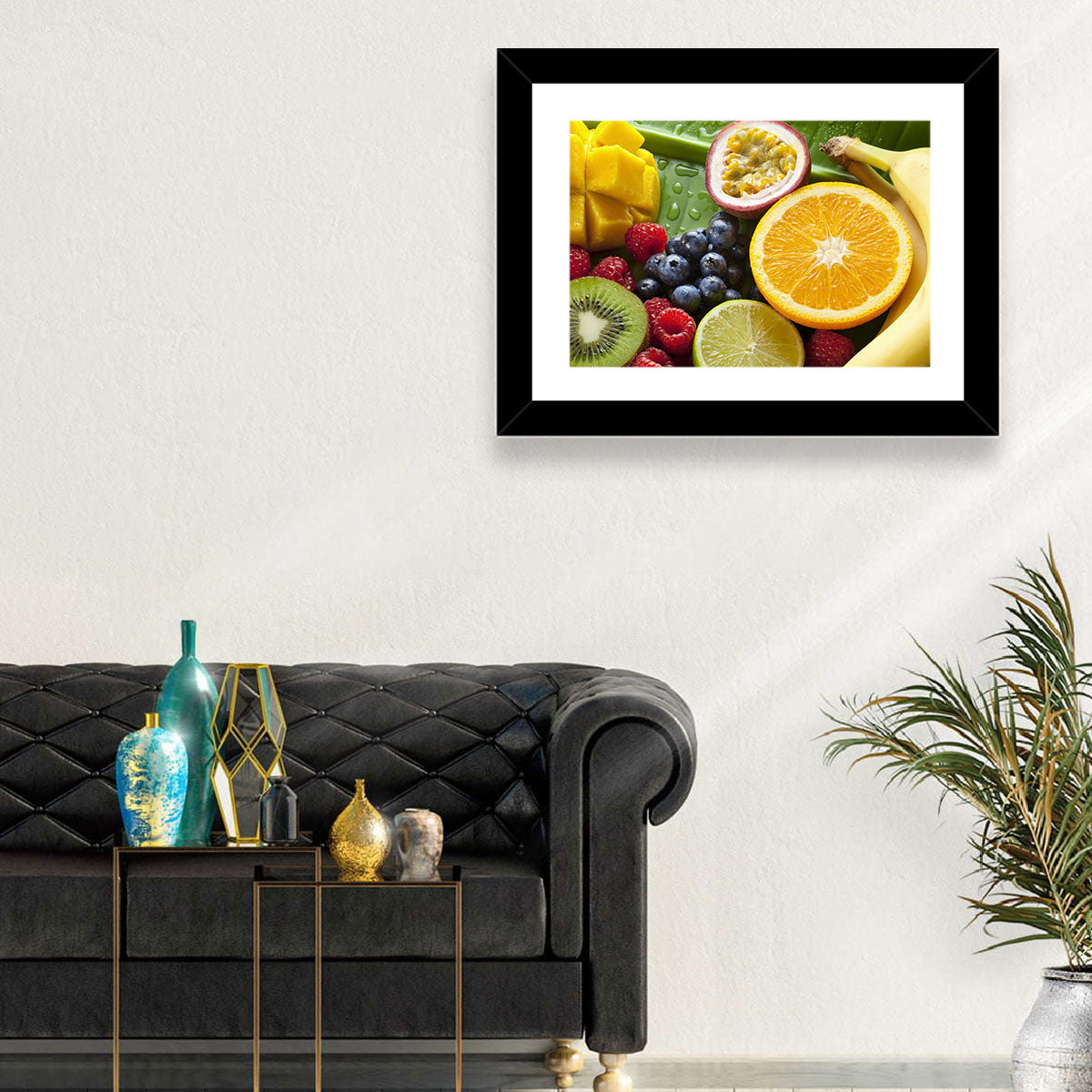 Vibrant Fresh Fruit Flat Lay Wall Art in a room, landscape