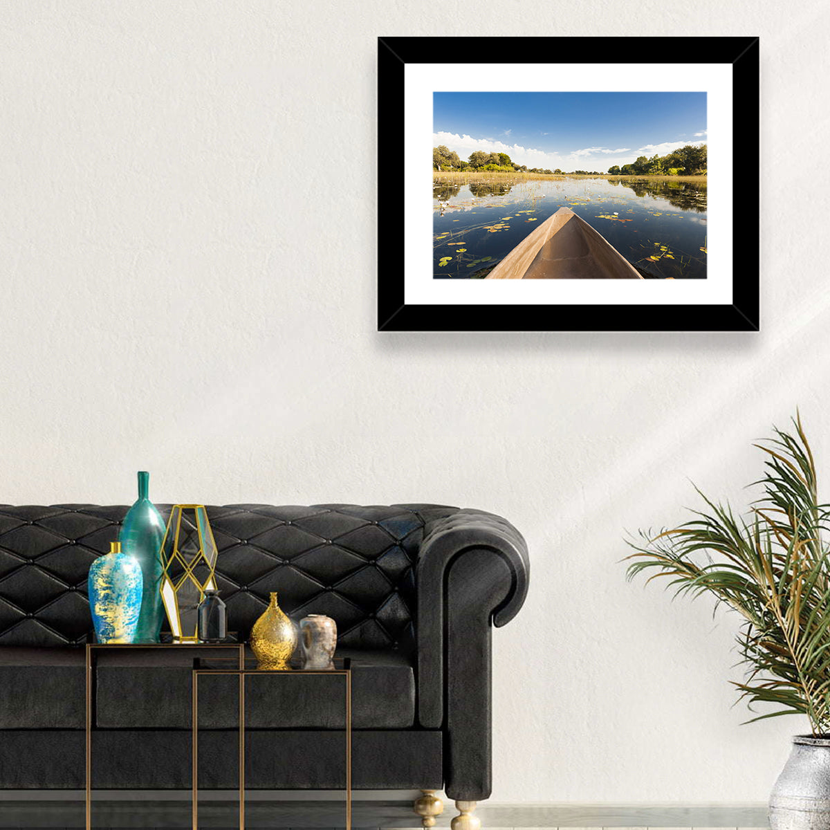 Mokoro Canoe in Okavango Delta Wall Art in a room, landscape