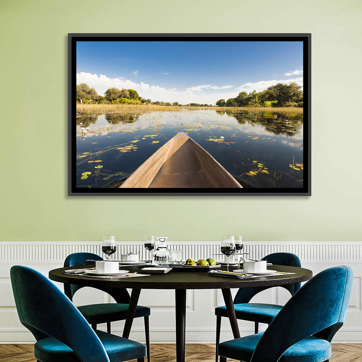 Mokoro Canoe in Okavango Delta Wall Art in a room, landscape