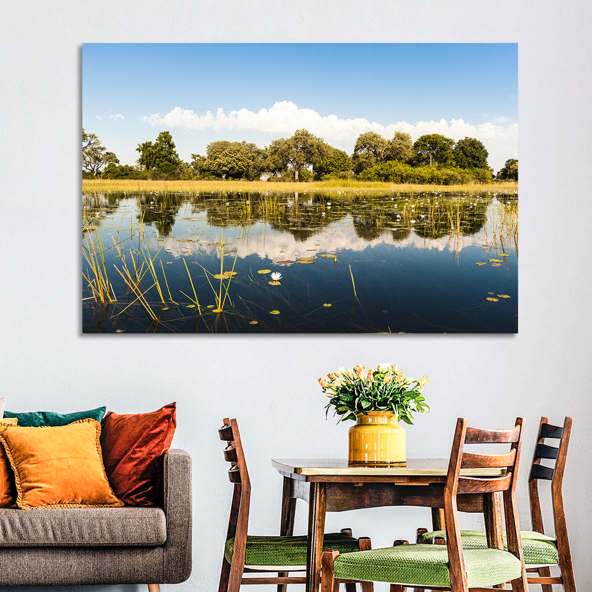 Okavango Delta Waterlilies Wall Art in a room, landscape