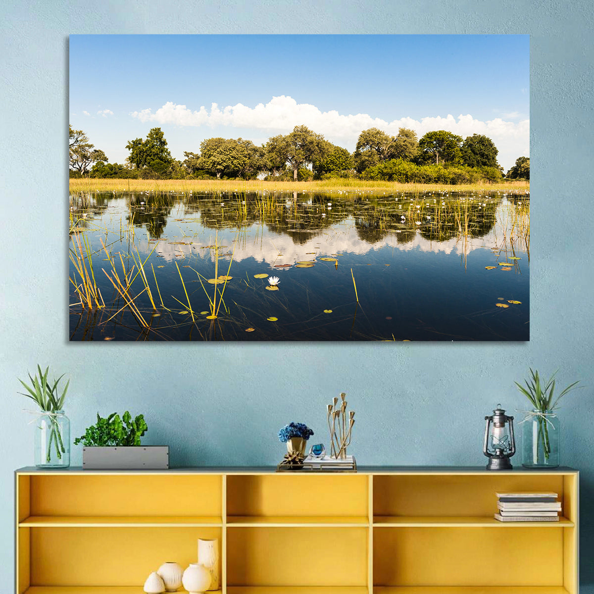 Okavango Delta Waterlilies Wall Art in a room, landscape