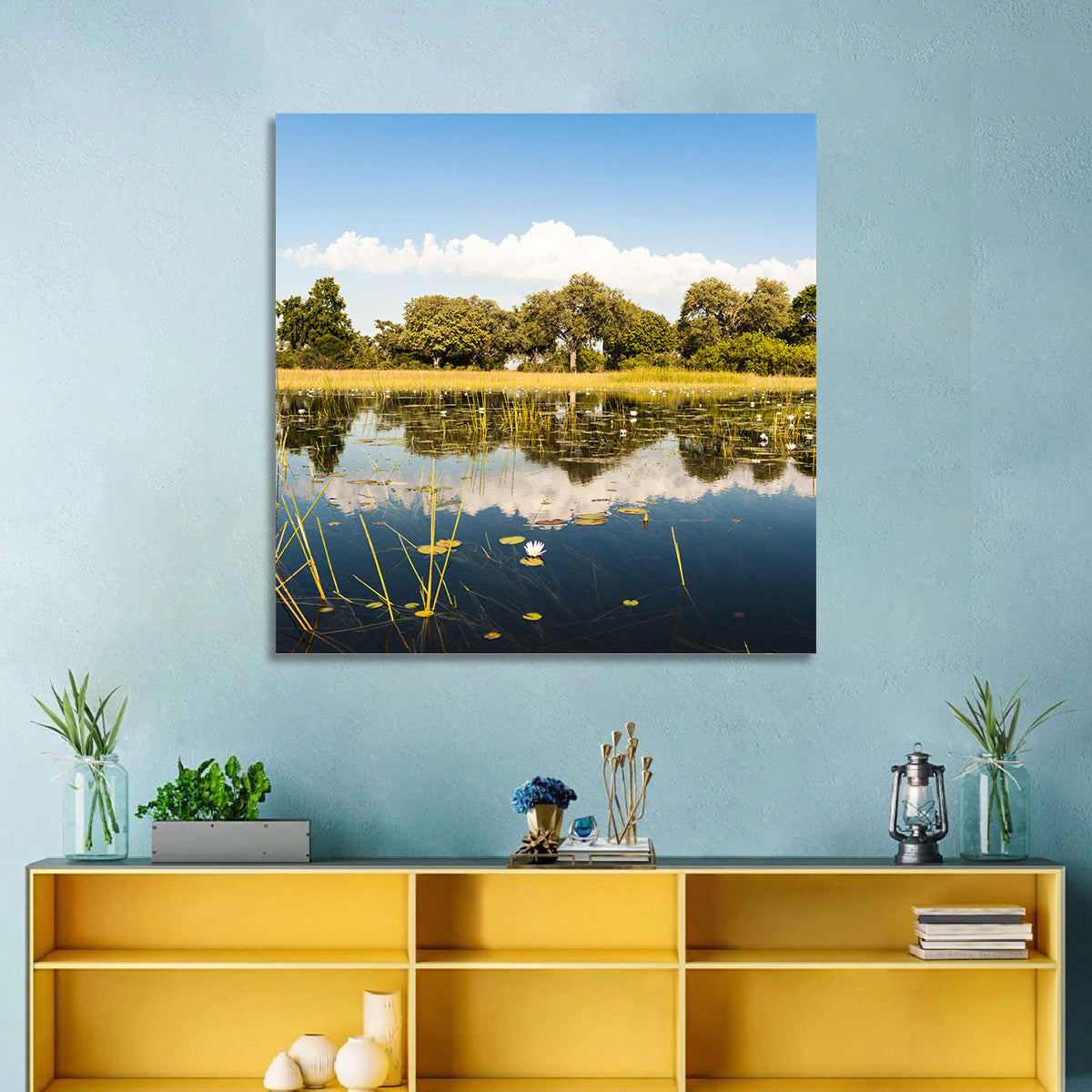 Okavango Delta Waterlilies Wall Art in a room, landscape