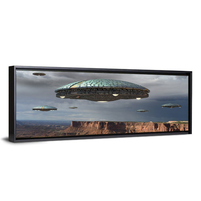Ufos Over Stormy Canyon Wall Art as a framed canvas