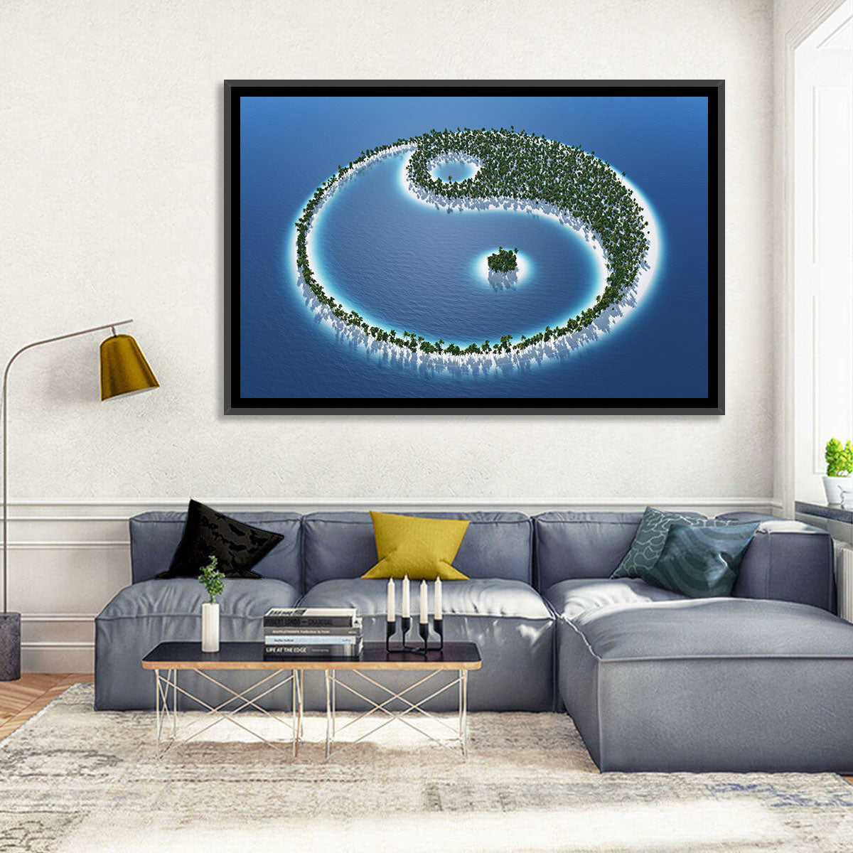 Yin Yang Tropical Island Aerial Wall Art in a room, landscape