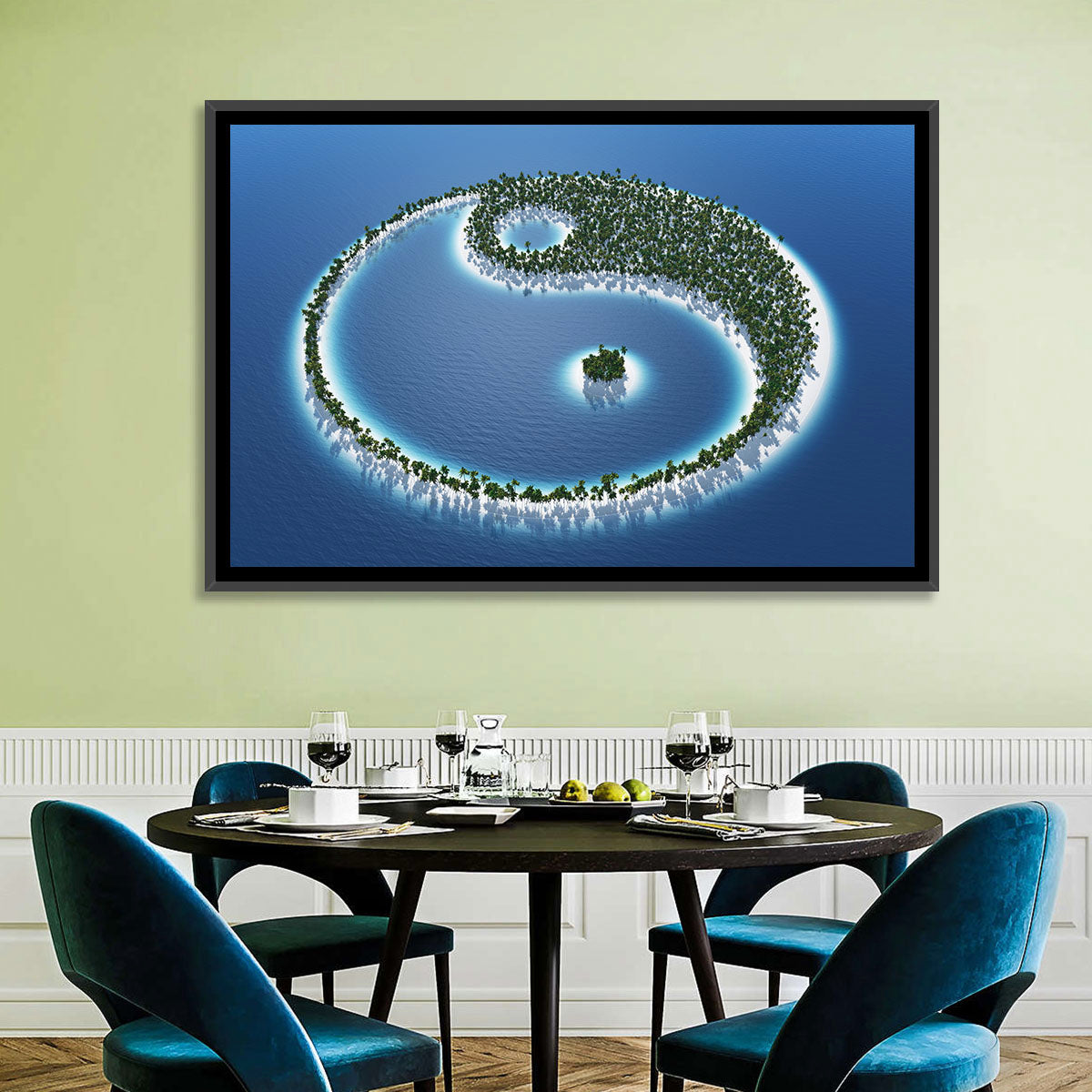 Yin Yang Tropical Island Aerial Wall Art in a room, landscape