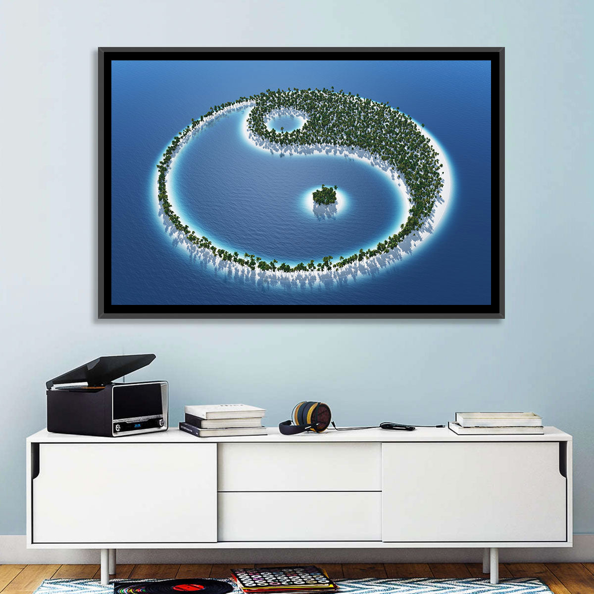 Yin Yang Tropical Island Aerial Wall Art in a room, landscape