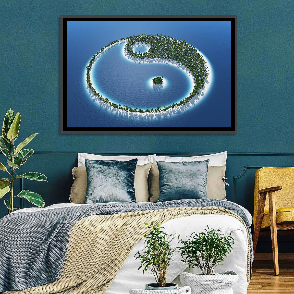 Yin Yang Tropical Island Aerial Wall Art in a room, landscape