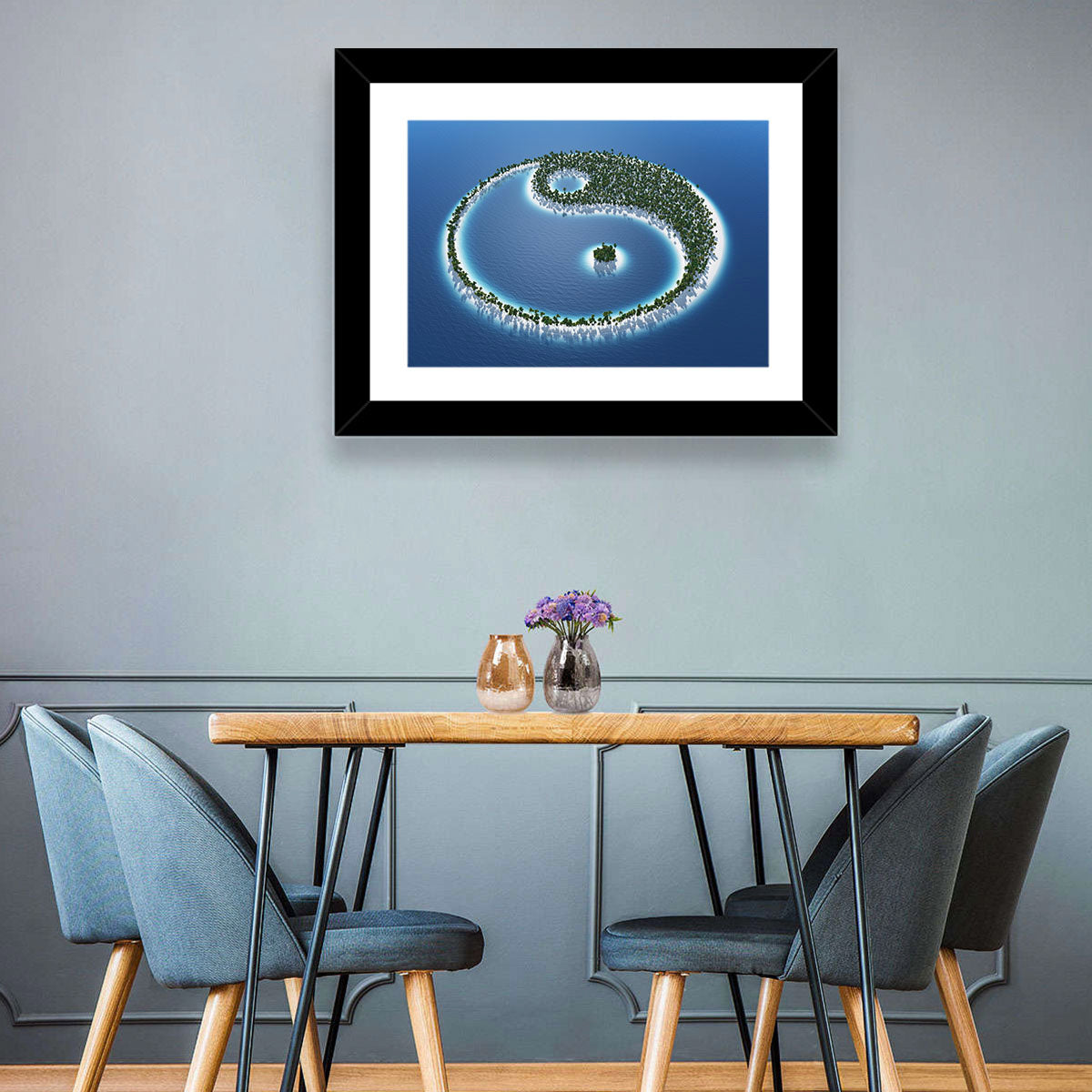 Yin Yang Tropical Island Aerial Wall Art in a room, landscape