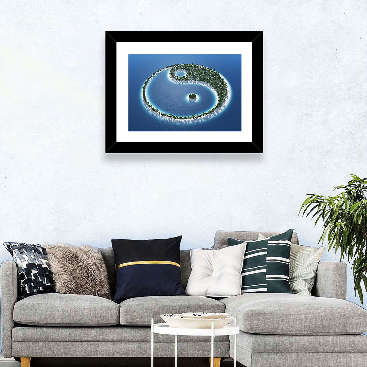 Yin Yang Tropical Island Aerial Wall Art in a room, landscape