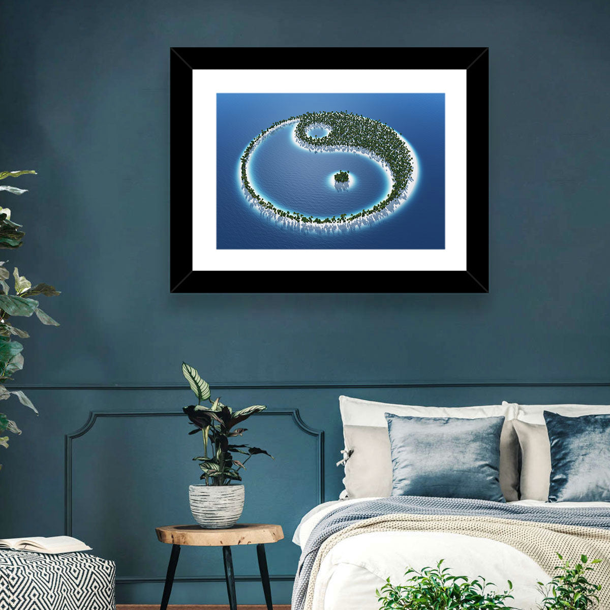 Yin Yang Tropical Island Aerial Wall Art in a room, landscape