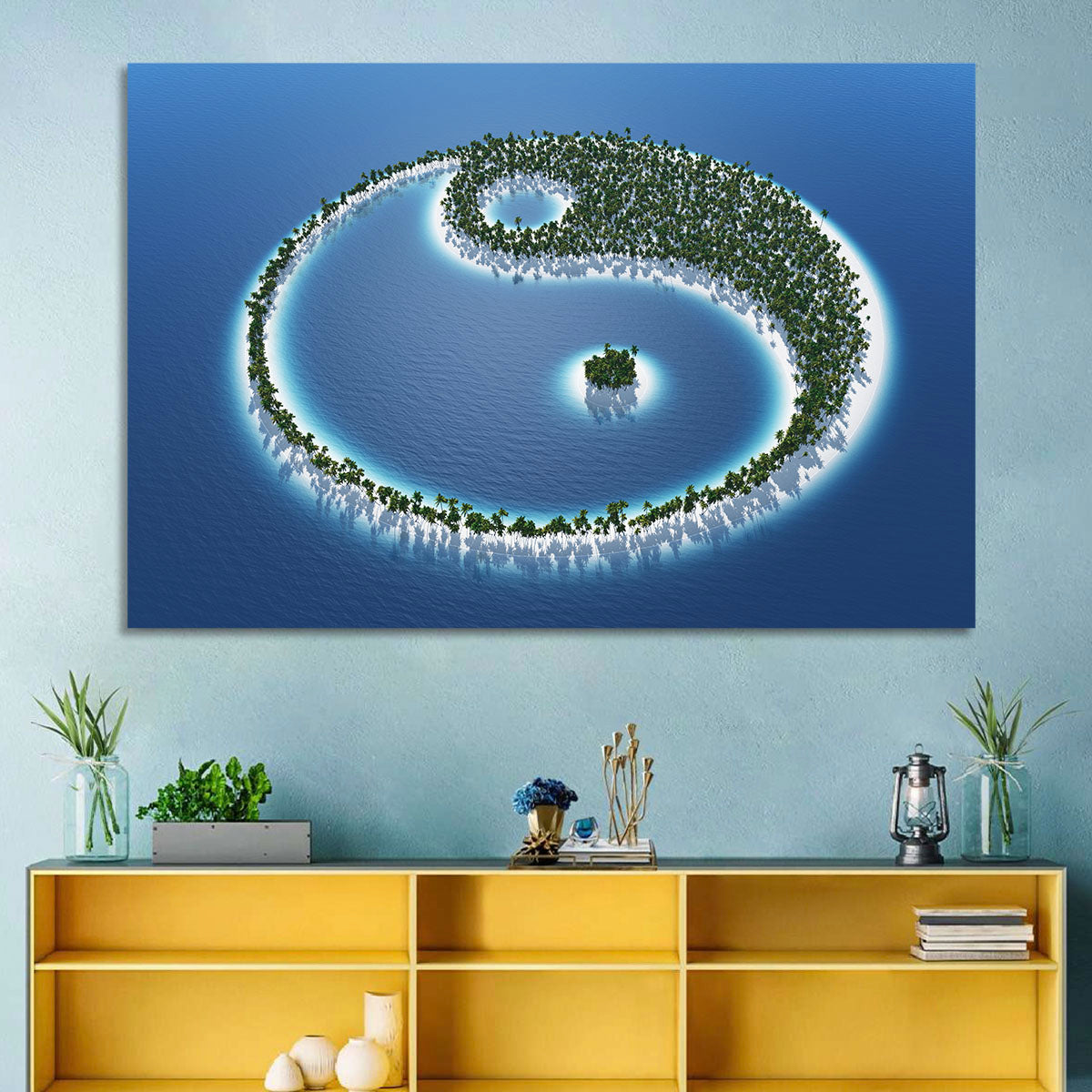 Yin Yang Tropical Island Aerial Wall Art in a room, landscape