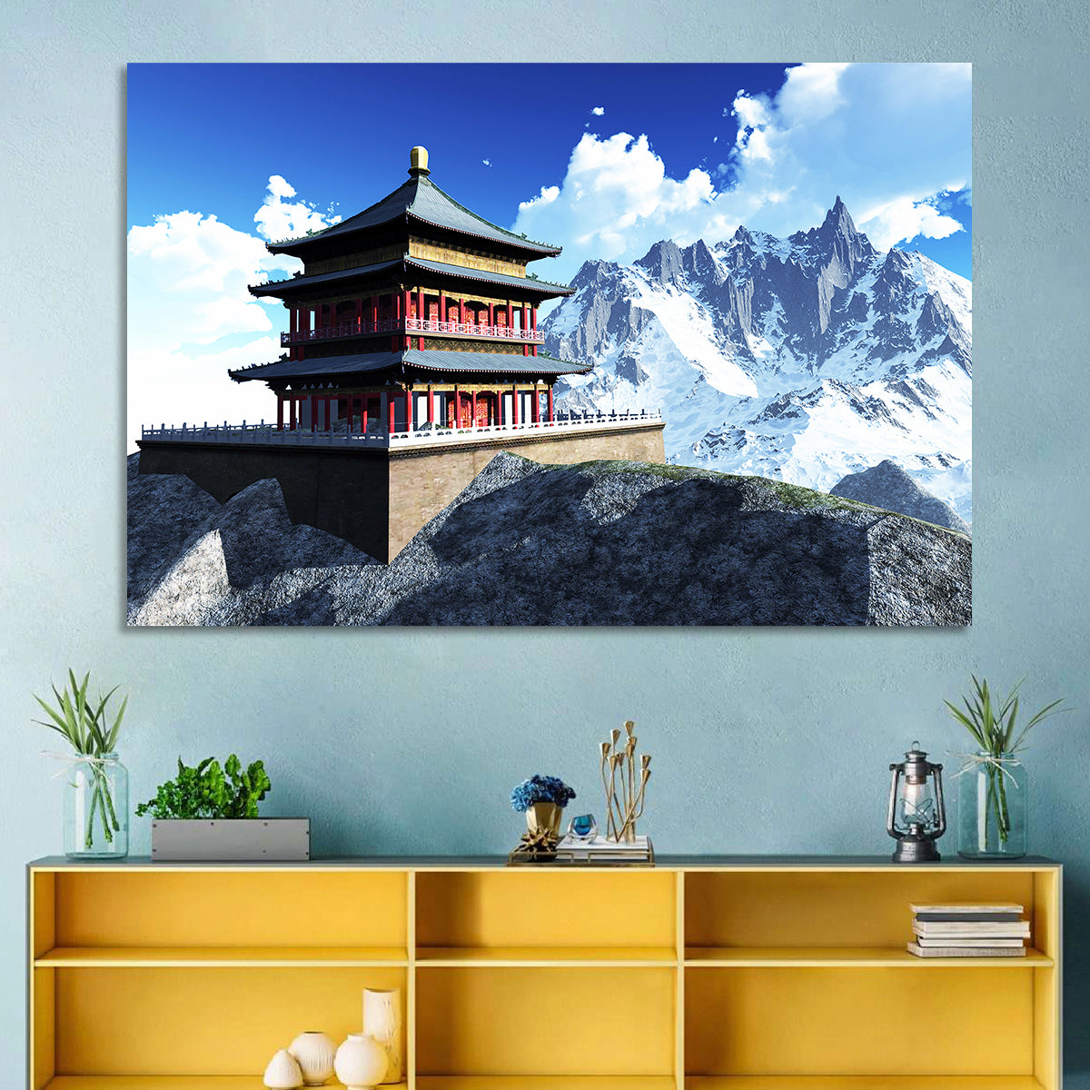 Sunlit Pagoda and Snow Peaks Wall Art in a room, landscape