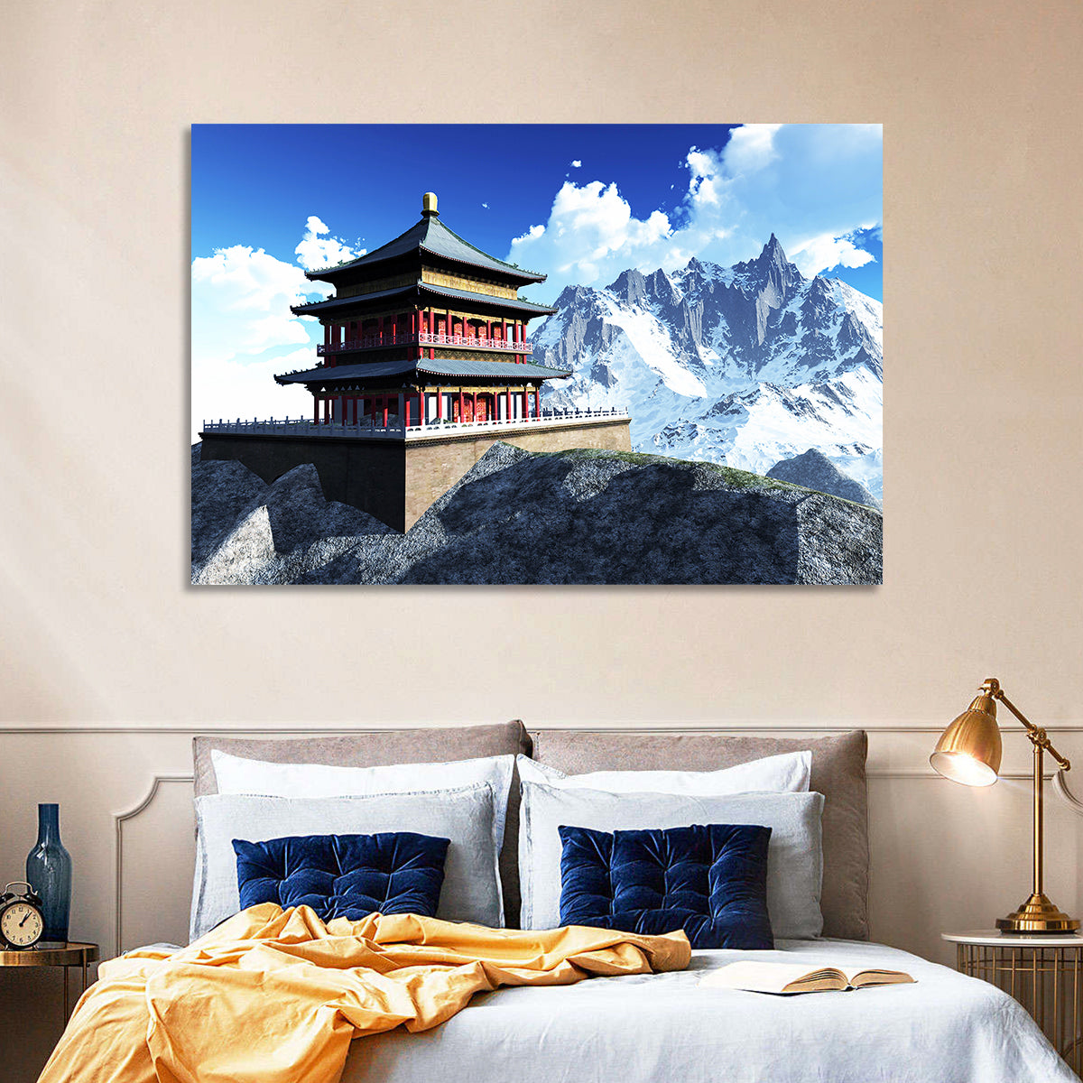 Sunlit Pagoda and Snow Peaks Wall Art in a room, landscape