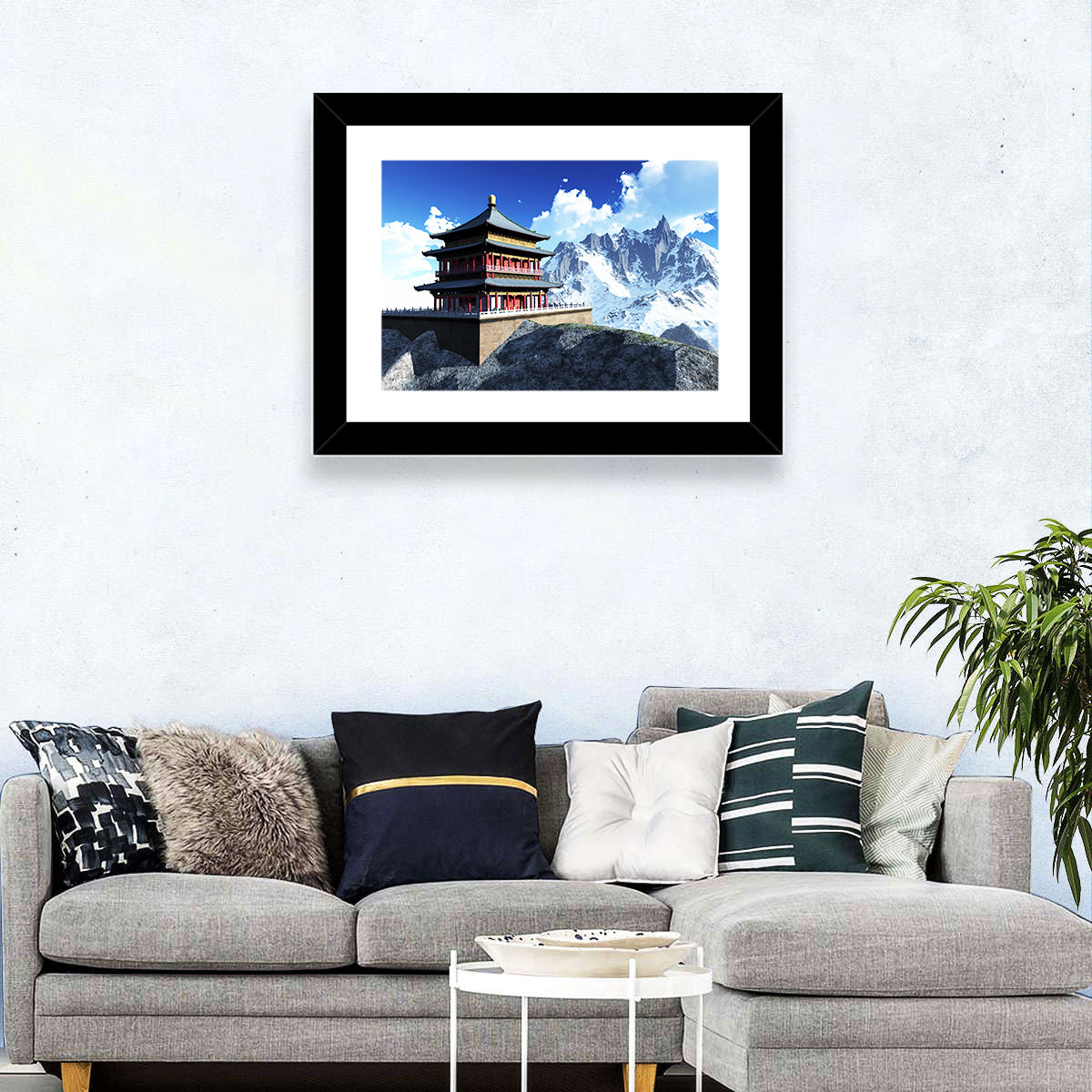 Sunlit Pagoda and Snow Peaks Wall Art in a room, landscape