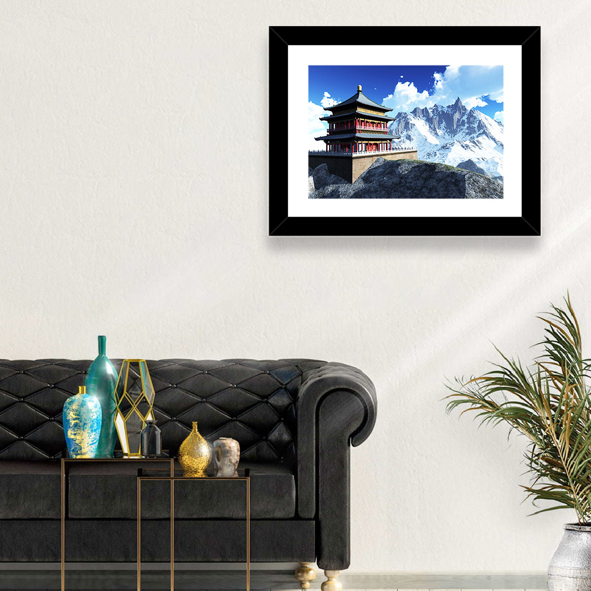 Sunlit Pagoda and Snow Peaks Wall Art in a room, landscape