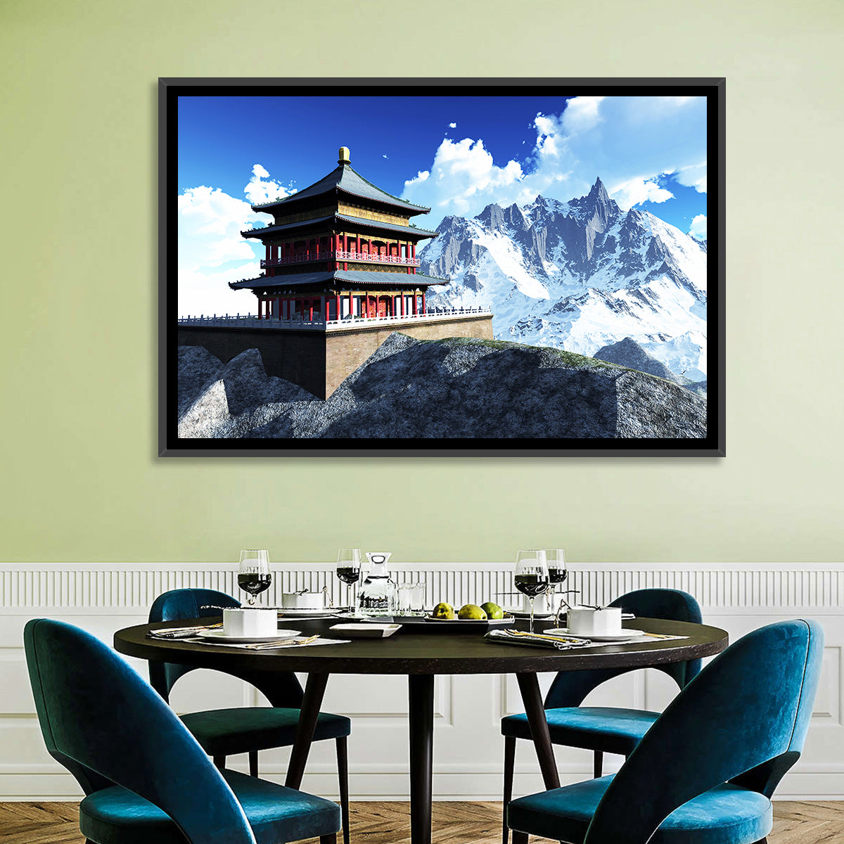Sunlit Pagoda and Snow Peaks Wall Art