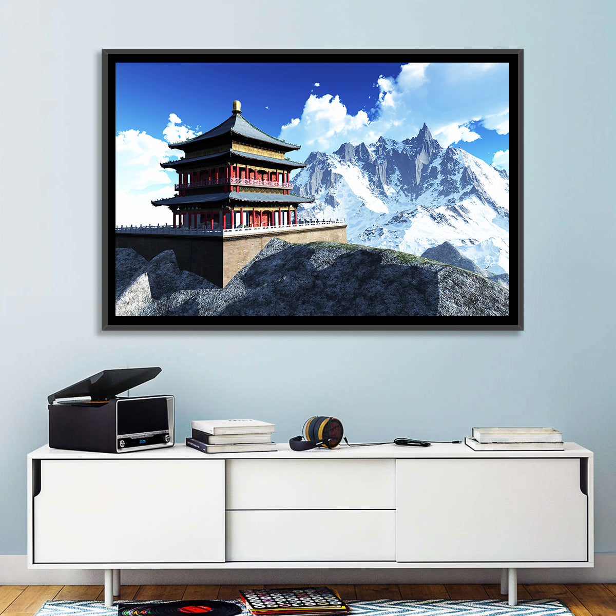 Sunlit Pagoda and Snow Peaks Wall Art