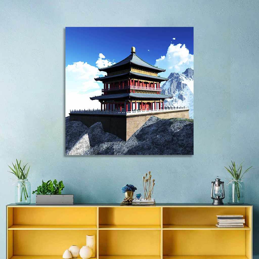 Sunlit Pagoda and Snow Peaks Wall Art
