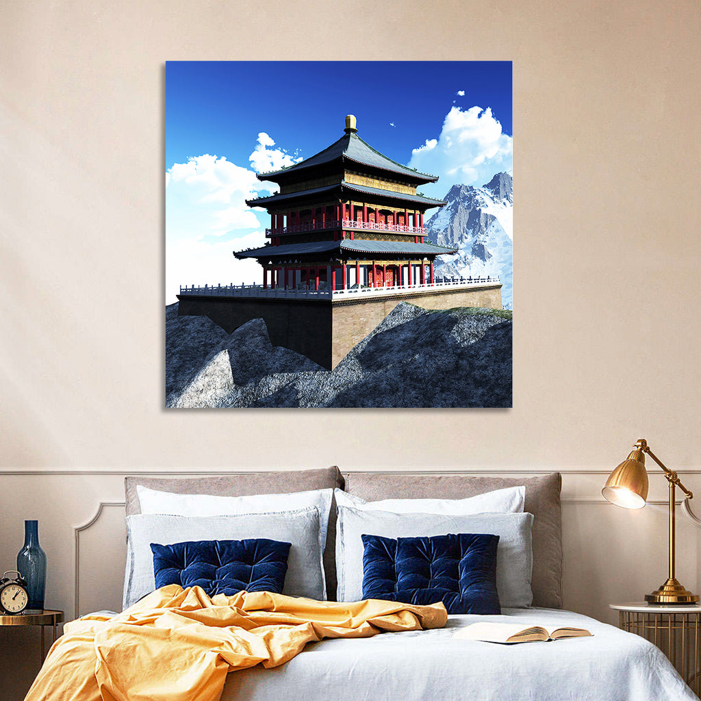 Sunlit Pagoda and Snow Peaks Wall Art