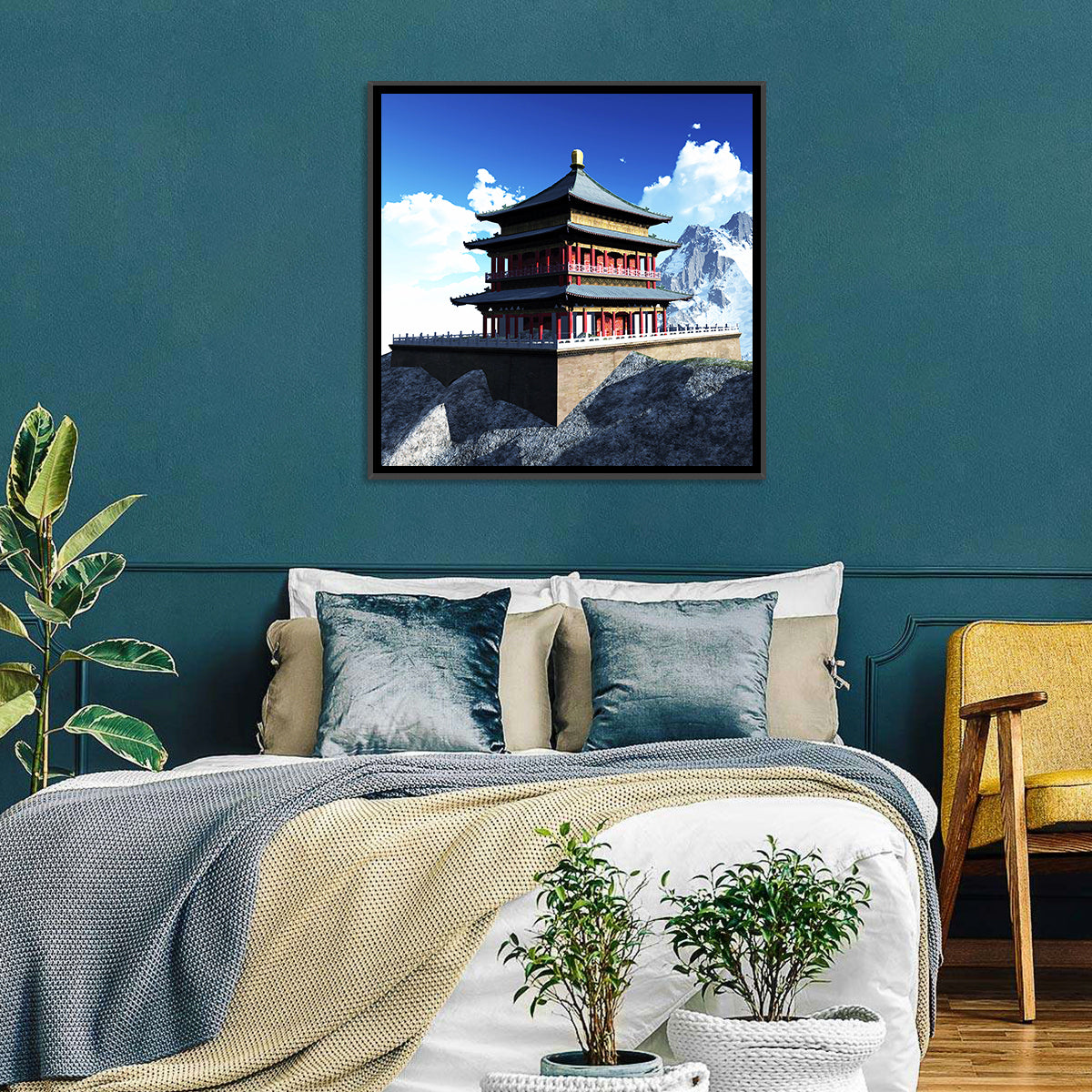 Sunlit Pagoda and Snow Peaks Wall Art in a room, landscape