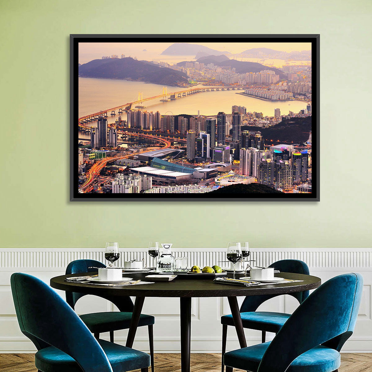 Busan Dusk Aerial Skyline with Gwangan Bridge Wall Art in a room, landscape