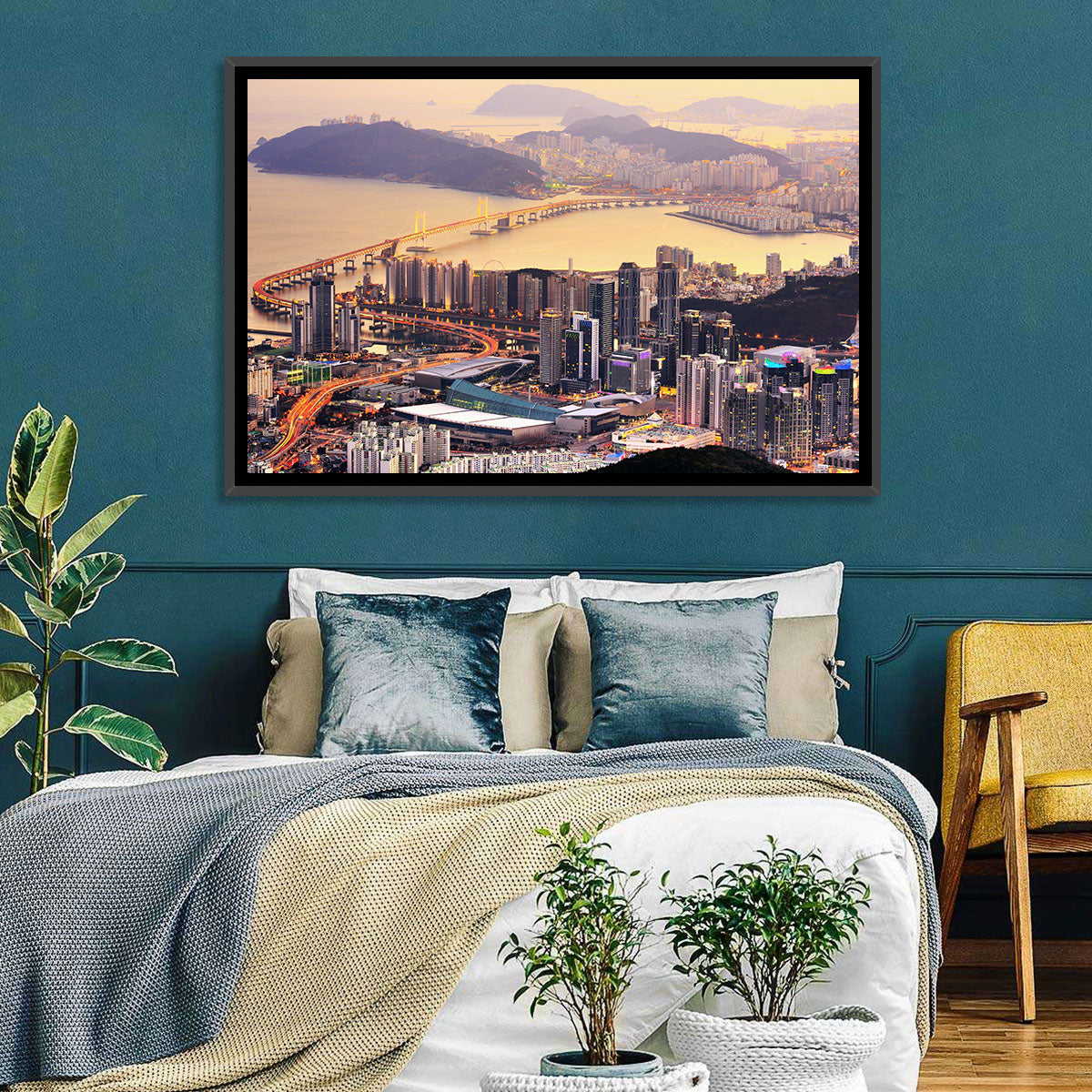 Busan Dusk Aerial Skyline with Gwangan Bridge Wall Art in a room, landscape