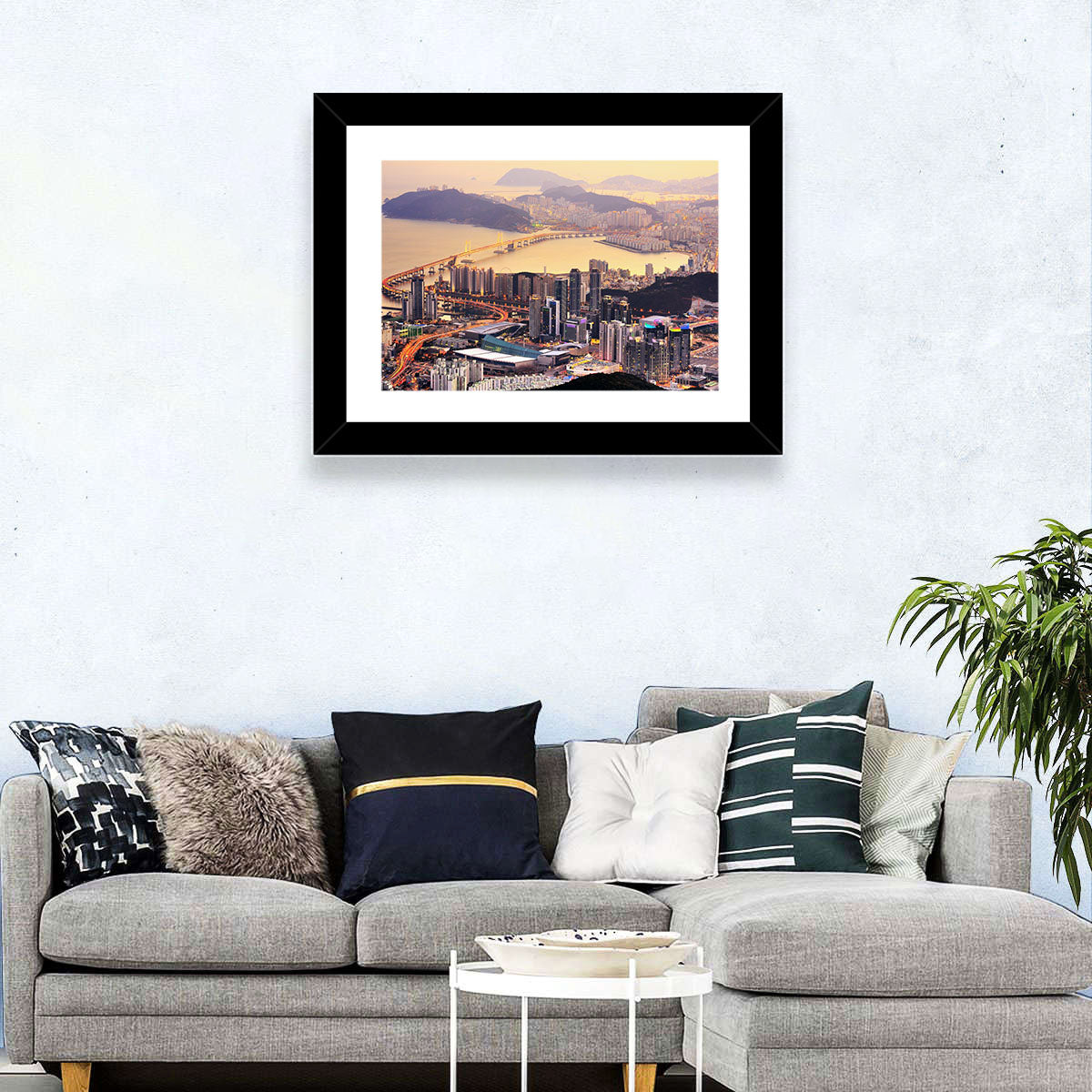 Busan Dusk Aerial Skyline with Gwangan Bridge Wall Art in a room, landscape