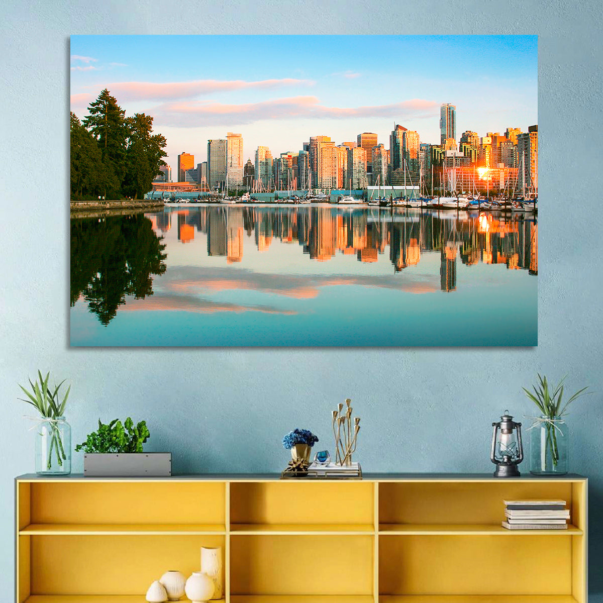 Vancouver Skyline at Coal Harbour Wall Art in a room, landscape