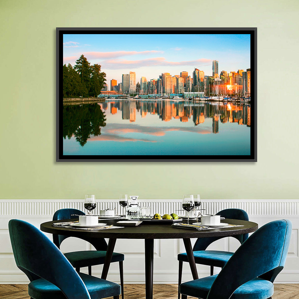Vancouver Skyline at Coal Harbour Wall Art in a room, landscape