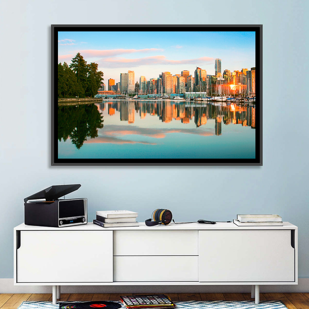 Vancouver Skyline at Coal Harbour Wall Art in a room, landscape