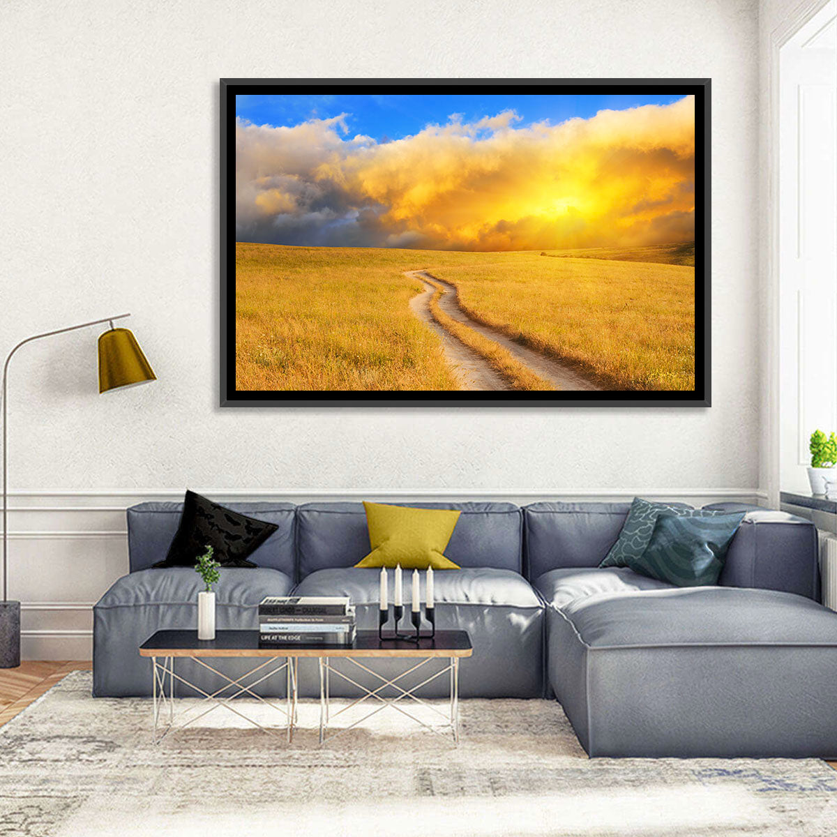 Sunlit Meadow Path with Dramatic Clouds Wall Art in a room, landscape