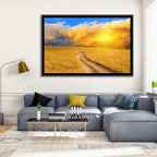 Sunlit Meadow Path with Dramatic Clouds Wall Art