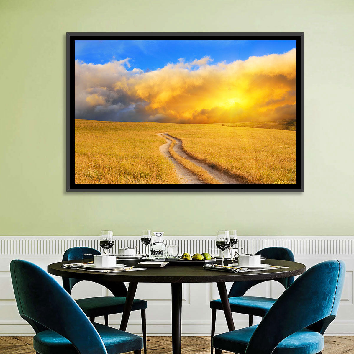 Sunlit Meadow Path with Dramatic Clouds Wall Art in a room, landscape