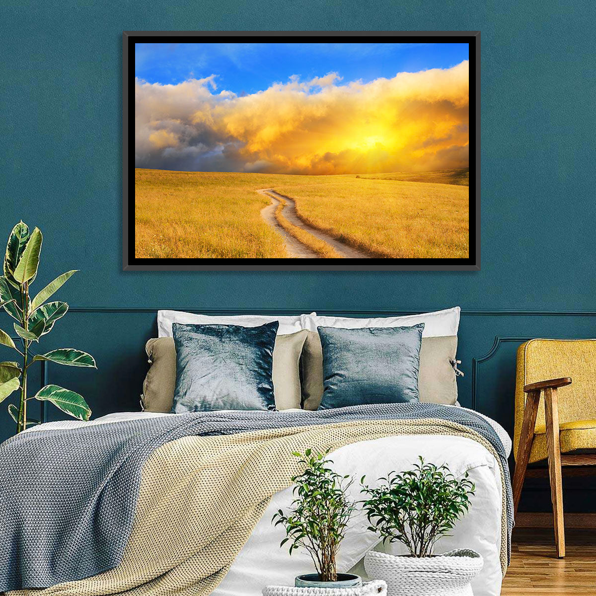 Sunlit Meadow Path with Dramatic Clouds Wall Art in a room, landscape