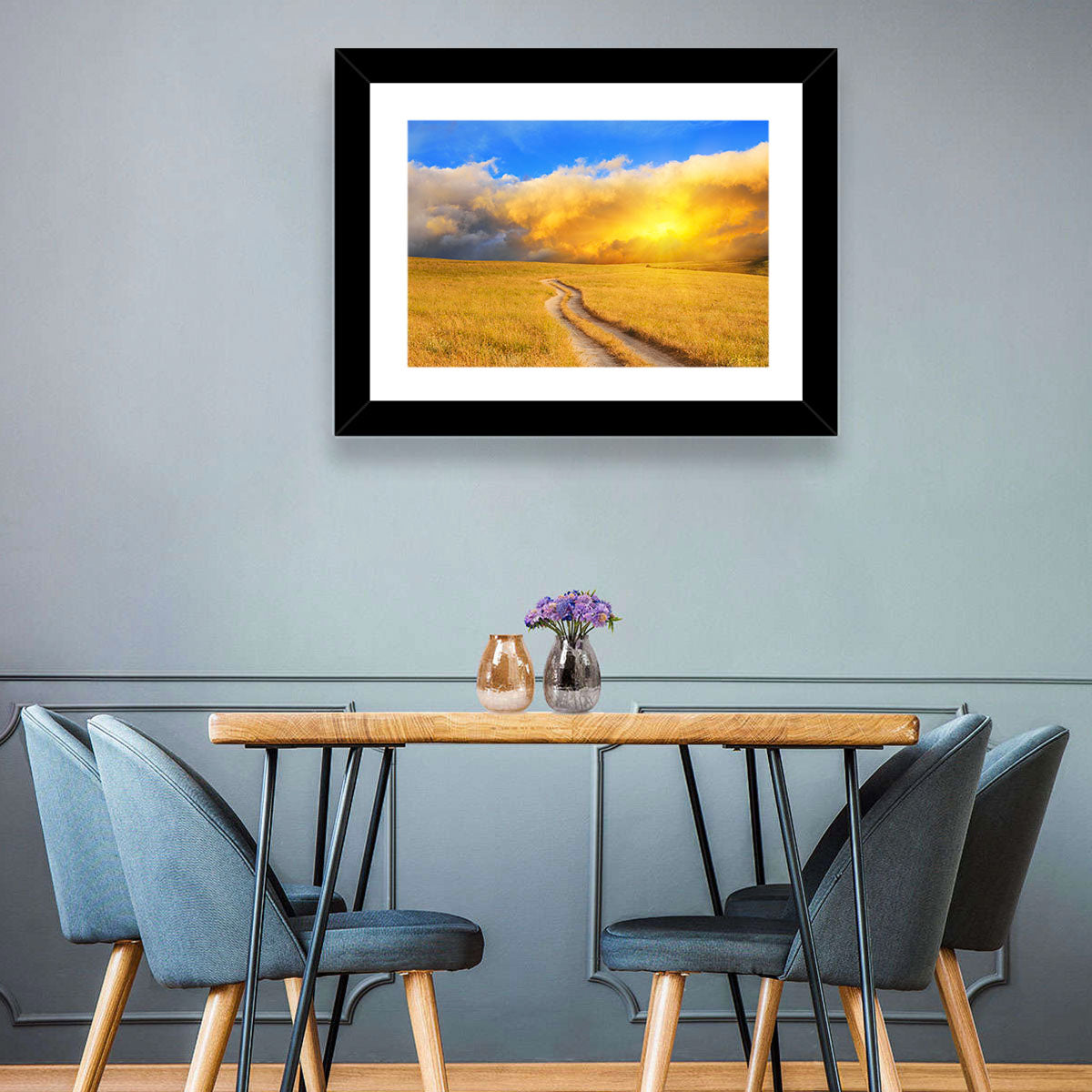 Sunlit Meadow Path with Dramatic Clouds Wall Art in a room, landscape