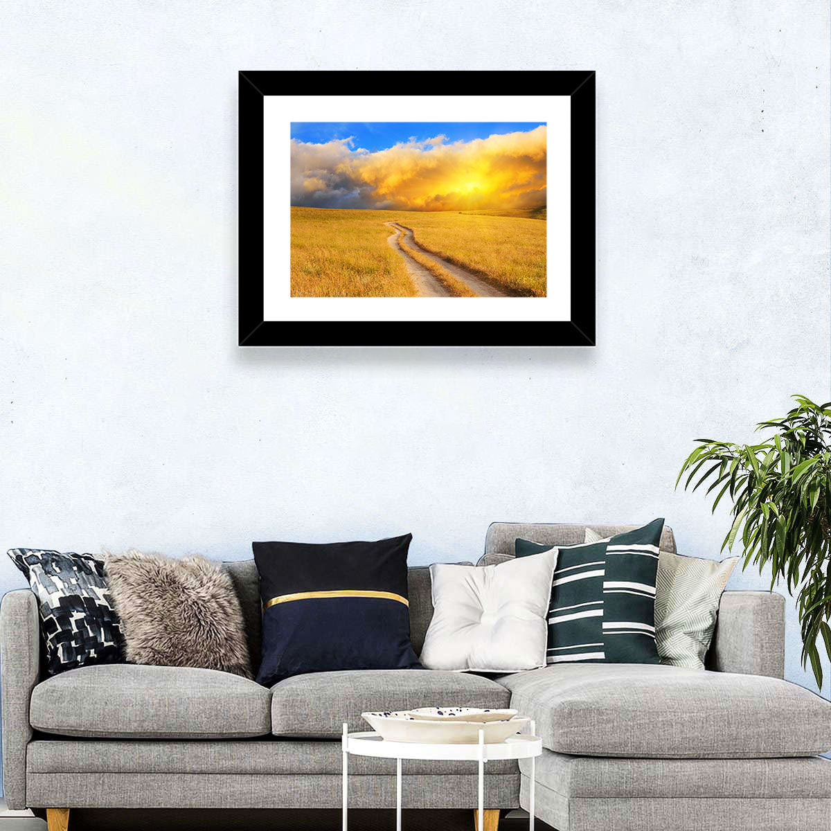 Sunlit Meadow Path with Dramatic Clouds Wall Art