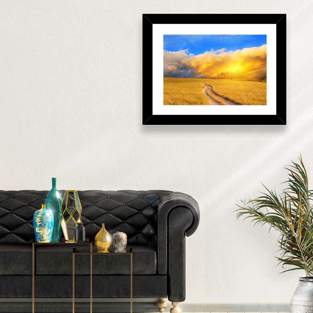 Sunlit Meadow Path with Dramatic Clouds Wall Art in a room, landscape