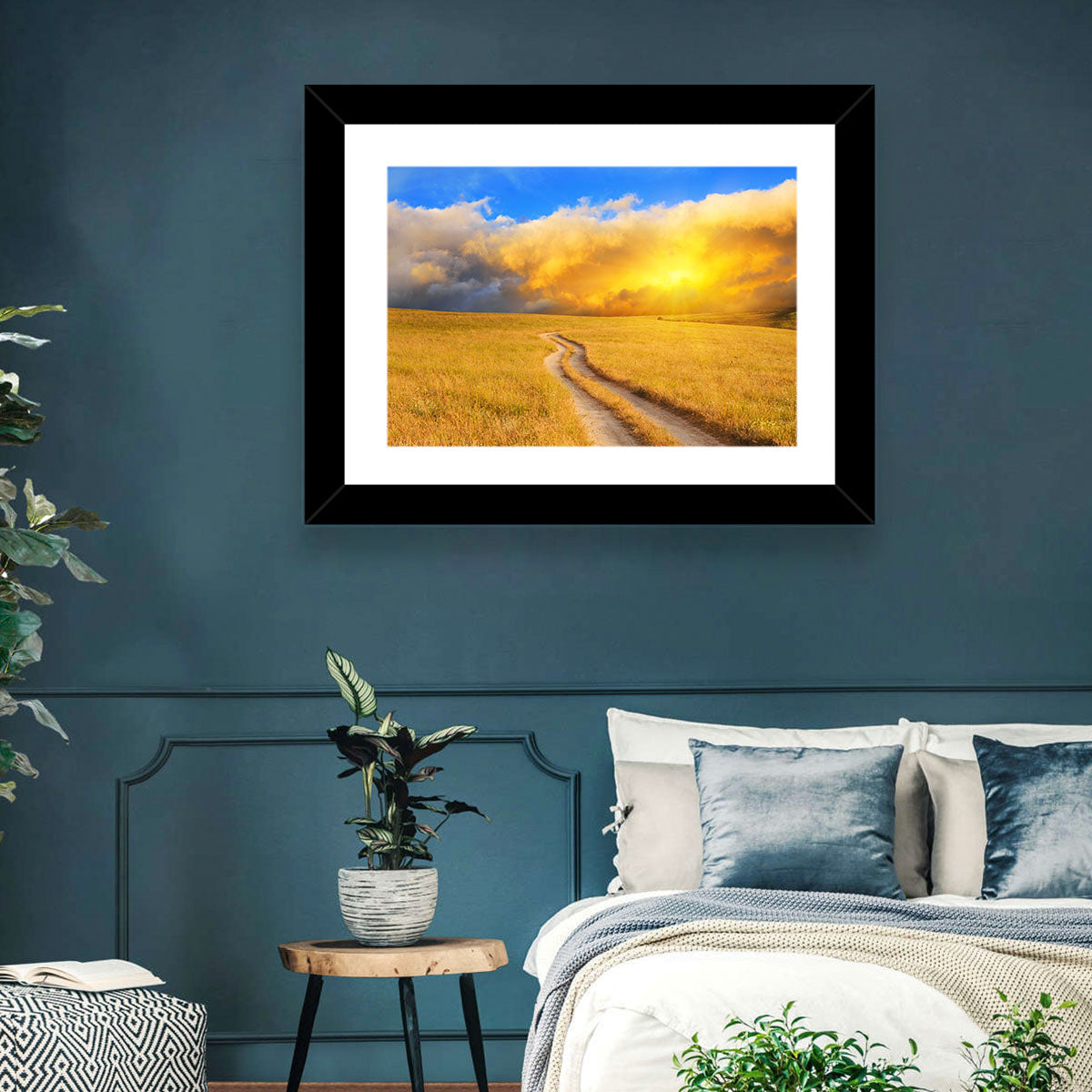 Sunlit Meadow Path with Dramatic Clouds Wall Art in a room, landscape