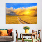 Sunlit Meadow Path with Dramatic Clouds Wall Art