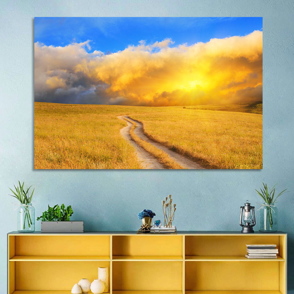 Sunlit Meadow Path with Dramatic Clouds Wall Art