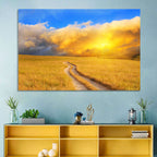 Sunlit Meadow Path with Dramatic Clouds Wall Art