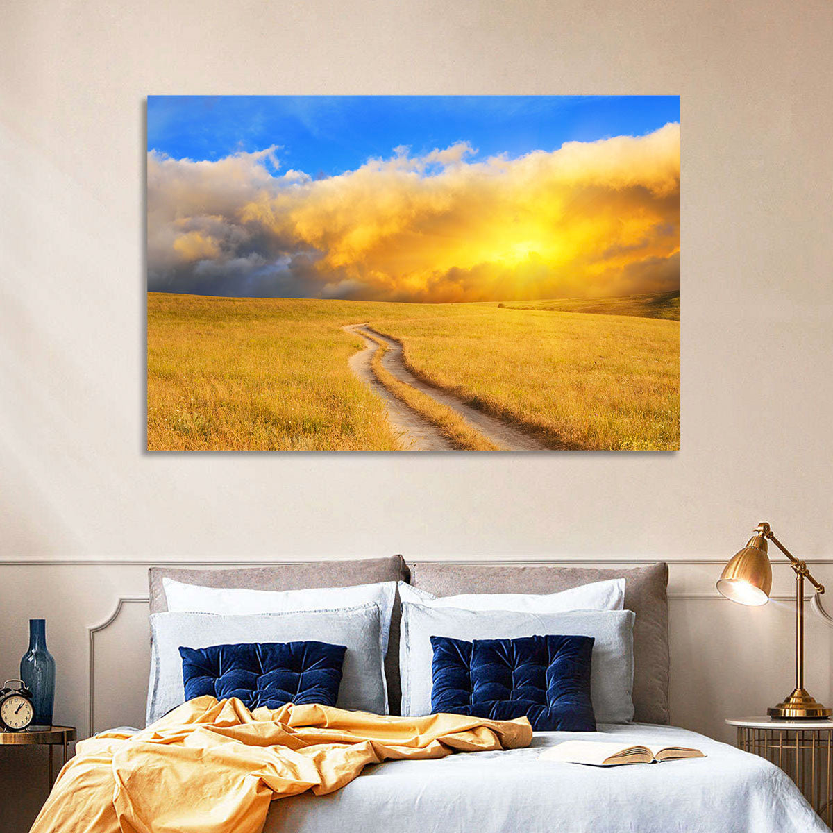 Sunlit Meadow Path with Dramatic Clouds Wall Art in a room, landscape