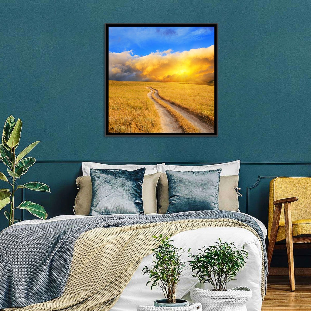 Sunlit Meadow Path with Dramatic Clouds Wall Art