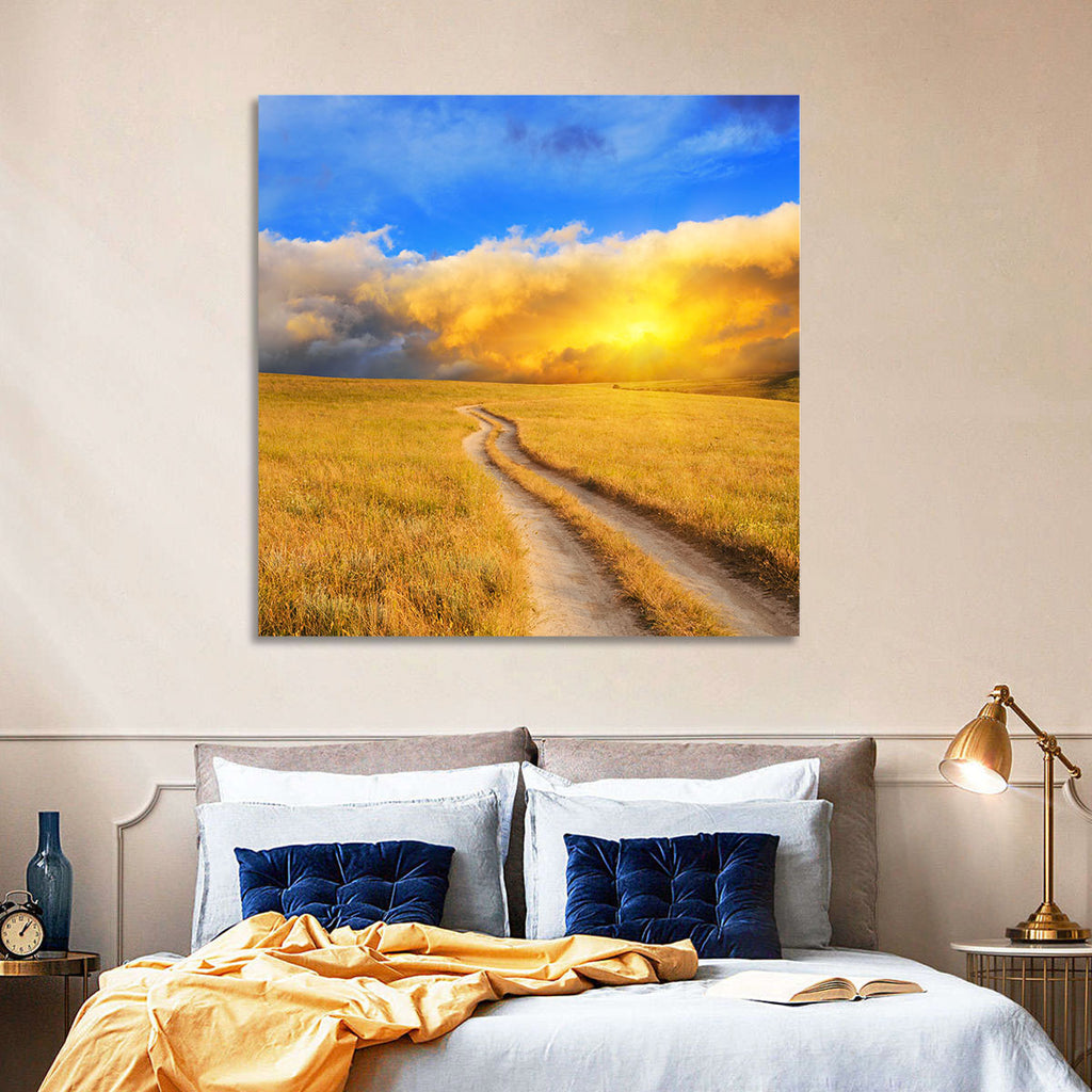 Sunlit Meadow Path with Dramatic Clouds Wall Art