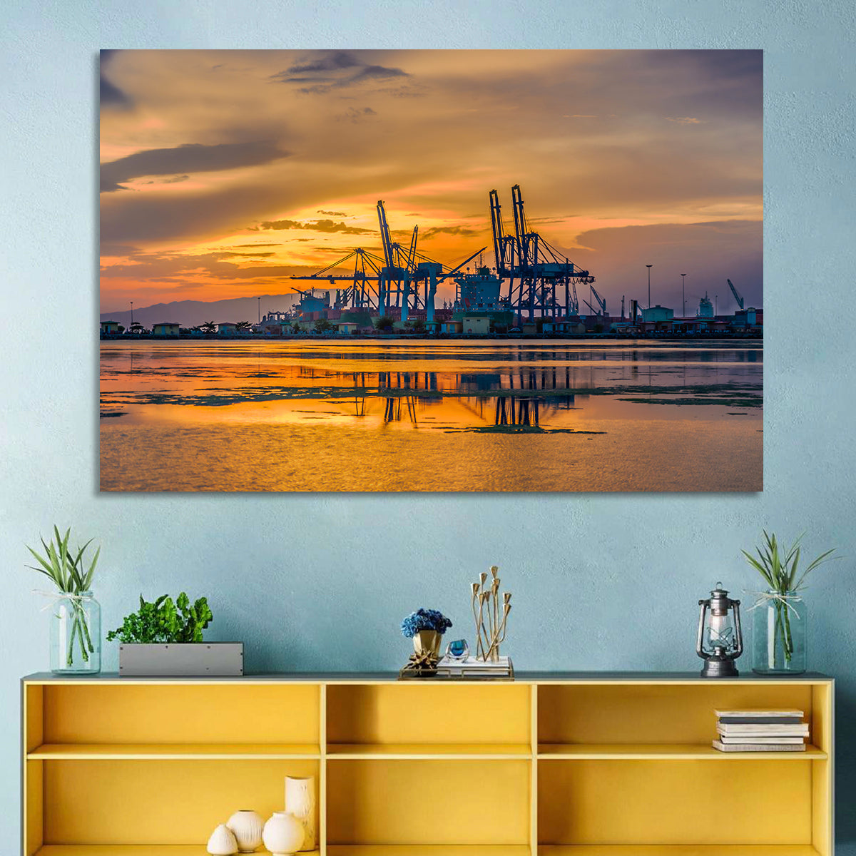 Djibouti Harbor at Sunset Wall Art in a room, landscape