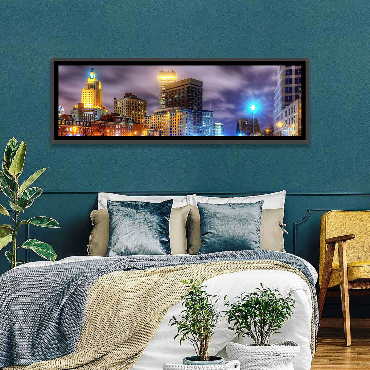 Providence River Night Skyline Wall Art in a room, panoramic