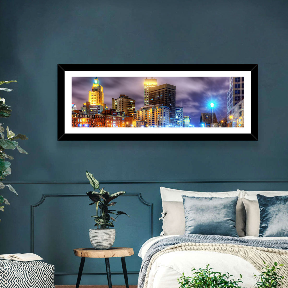 Providence River Night Skyline Wall Art in a room, panoramic