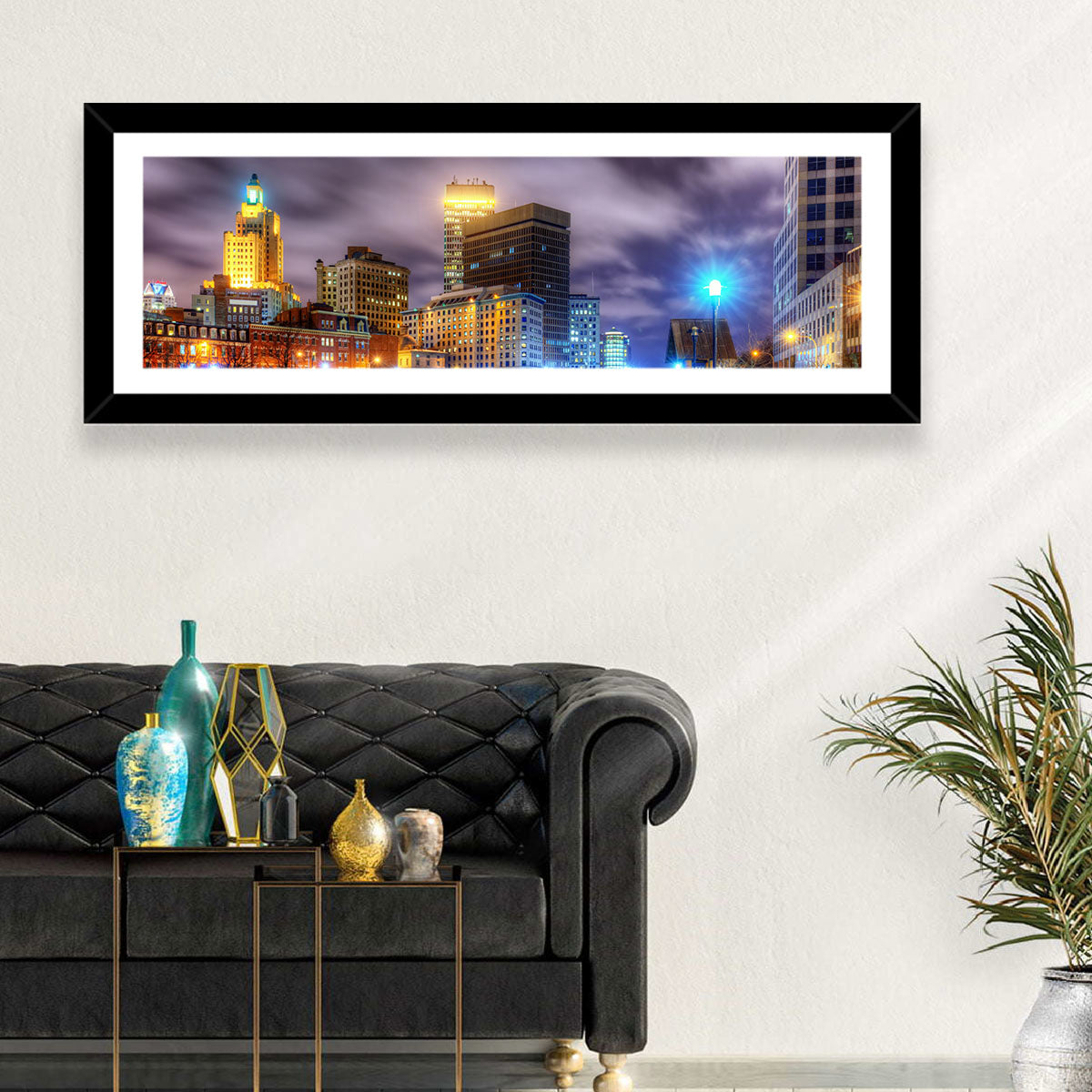 Providence River Night Skyline Wall Art in a room, panoramic