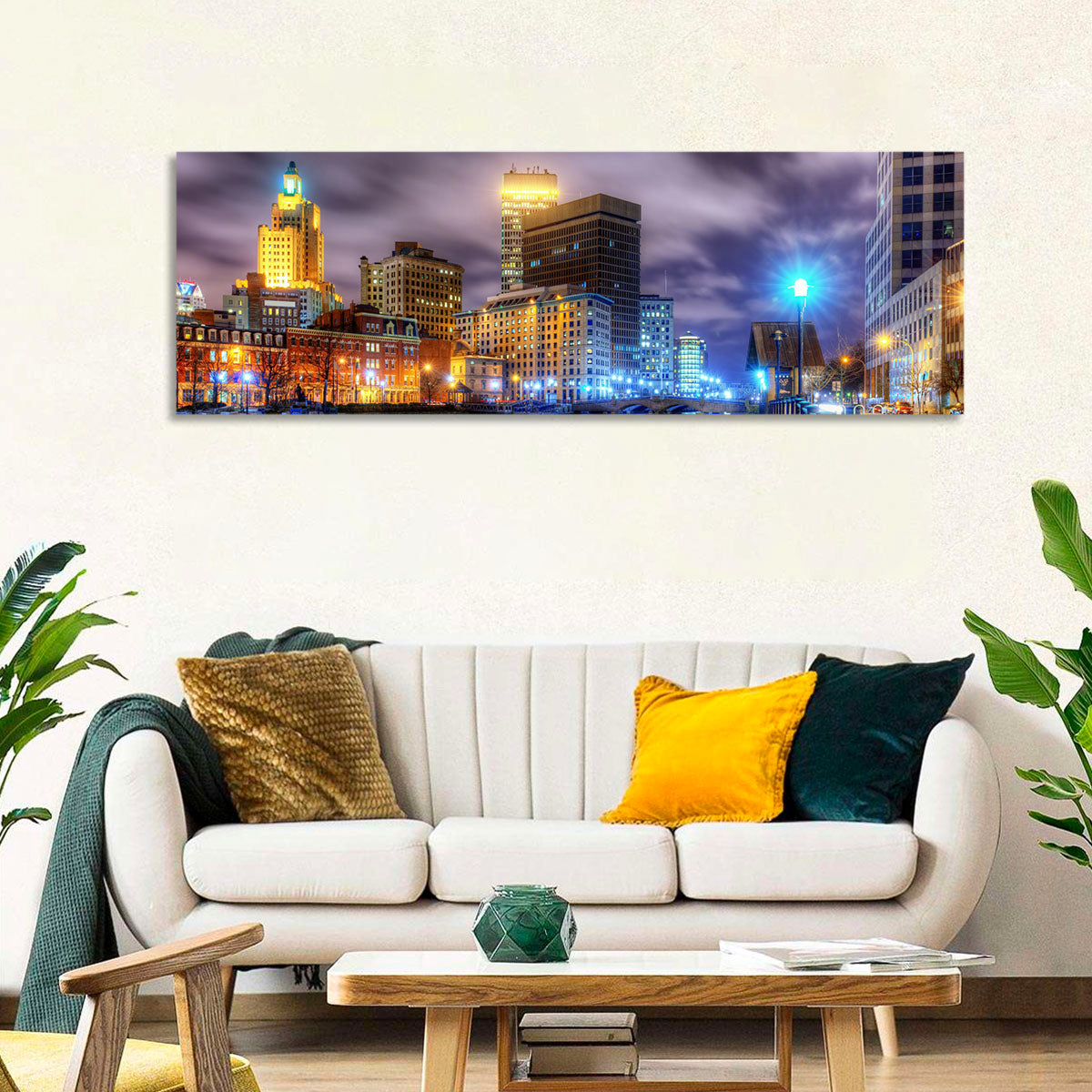 Providence River Night Skyline Wall Art in a room, panoramic