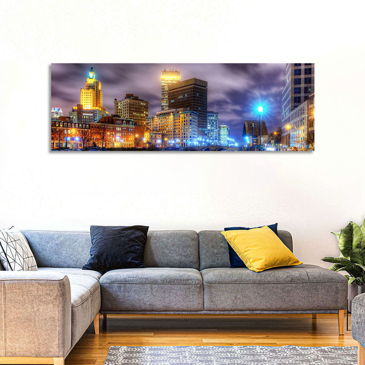 Providence River Night Skyline Wall Art in a room, panoramic